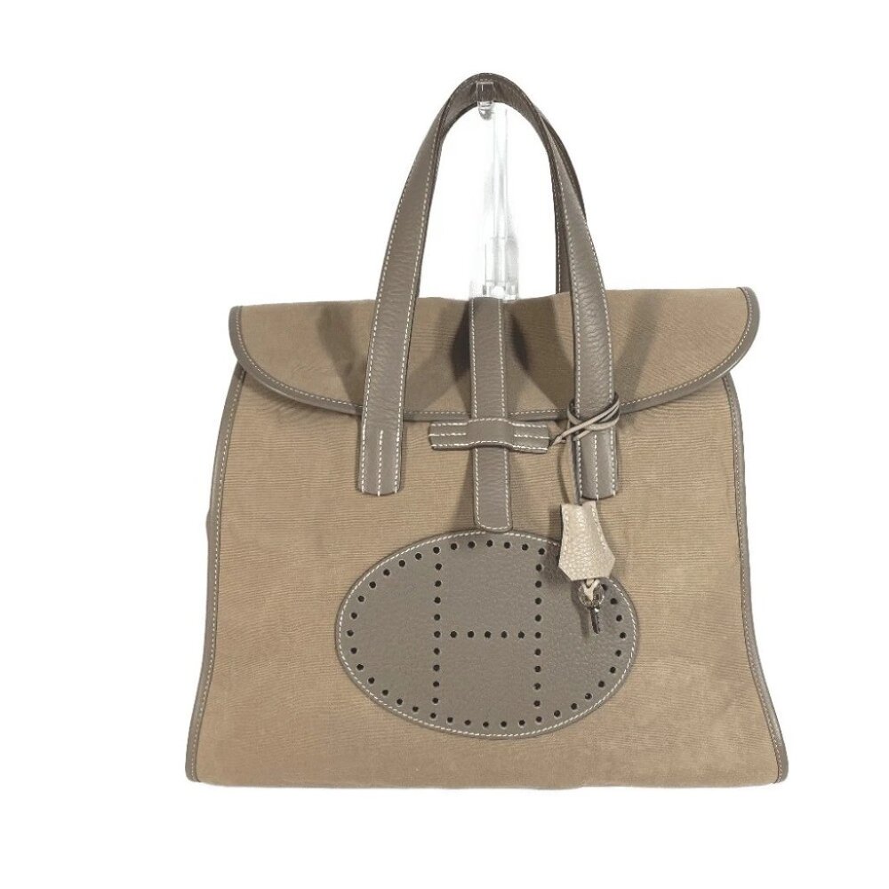 HERMES Punching H logo Hood Tote Bag Duffle Bag Hand Bag Leather/Canvas gray